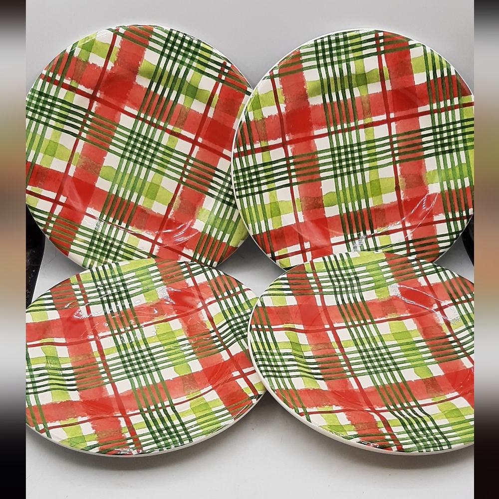 Set Of 4 Pier 1 Ironstone Christmas Holiday Watercolor Plaid 8.75" Salad Plates